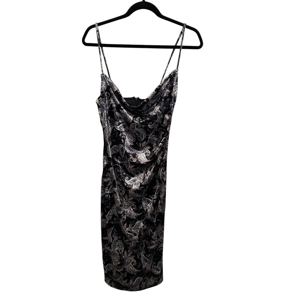 Laundry by Shelli‎ Segal Velvet Paisley Cowl Neck Sheath Dress Black Silver 8
